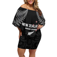 Custom New Zealand 2024 Rugby Off Shoulder Short Dress Silver Fern Aotearoa Kiwi LT01 Women Black - Polynesian Pride