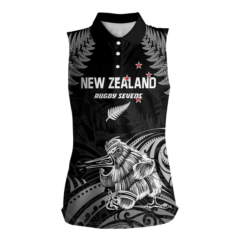 Custom New Zealand 2024 Rugby Women Sleeveless Polo Shirt Silver Fern Aotearoa Kiwi LT01 Female Black - Polynesian Pride