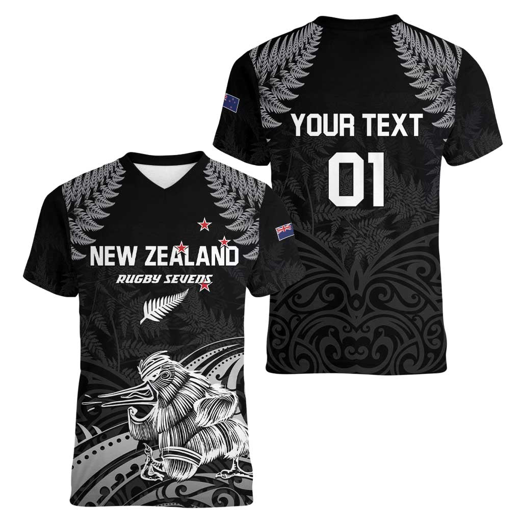 Custom New Zealand 2024 Rugby Women V-Neck T-Shirt Silver Fern Aotearoa Kiwi LT01 - Polynesian Pride