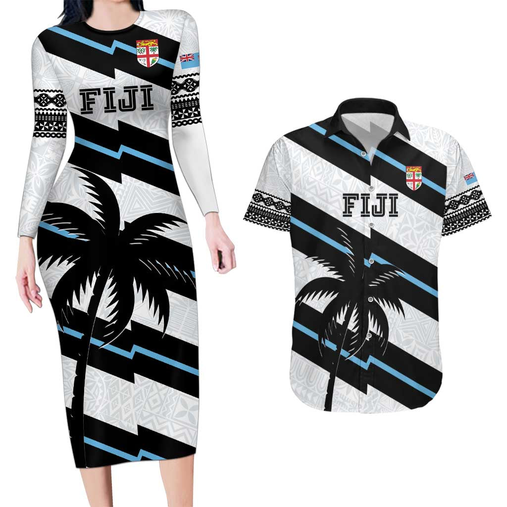 Custom Fiji 2024 Rugby Couples Matching Long Sleeve Bodycon Dress and Hawaiian Shirt Fijian Tapa Pattern LT01 White - Polynesian Pride