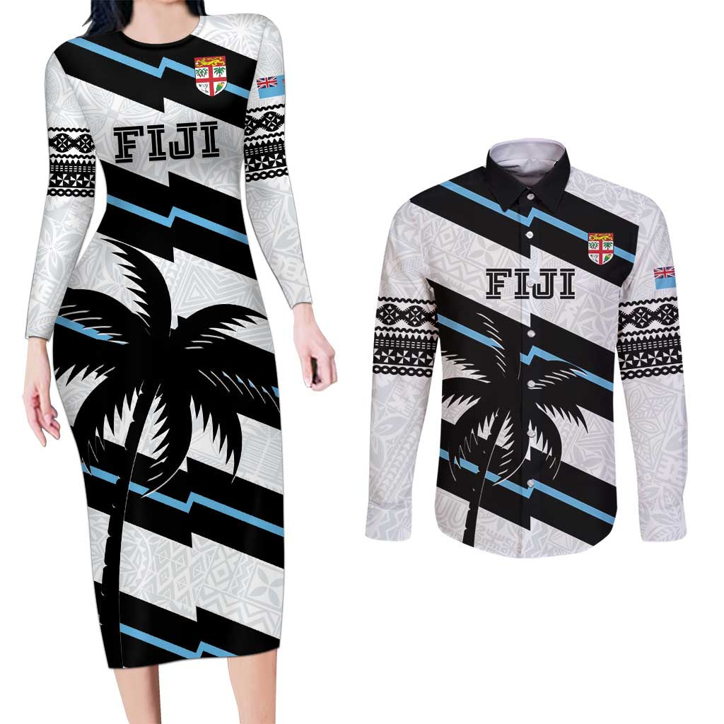 Custom Fiji 2024 Rugby Couples Matching Long Sleeve Bodycon Dress and Long Sleeve Button Shirt Fijian Tapa Pattern LT01 White - Polynesian Pride