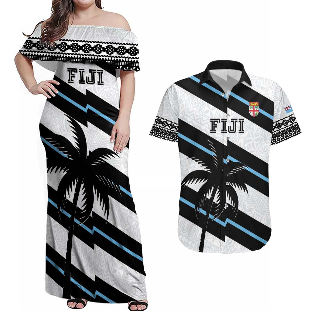 Custom Fiji 2024 Rugby Couples Matching Off Shoulder Maxi Dress and Hawaiian Shirt Fijian Tapa Pattern LT01 White - Polynesian Pride