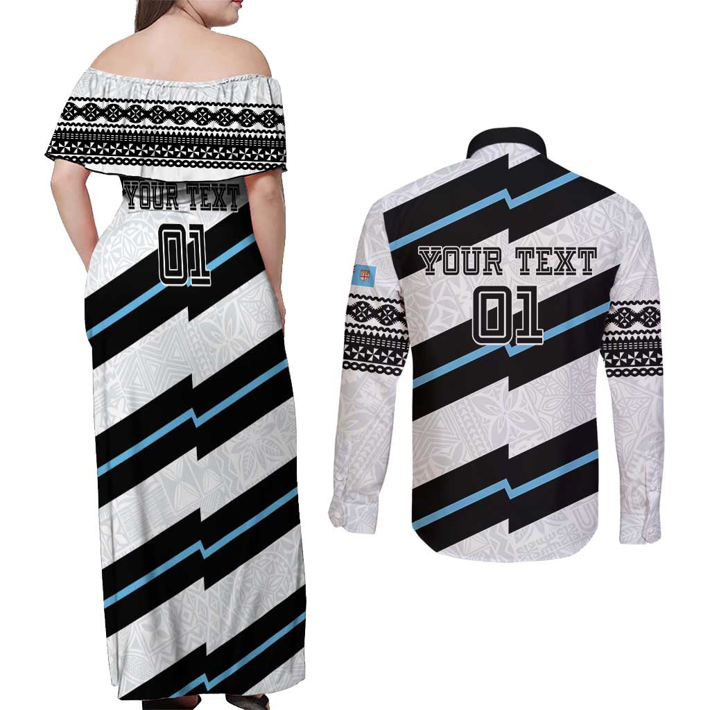 Custom Fiji 2024 Rugby Couples Matching Off Shoulder Maxi Dress and Long Sleeve Button Shirt Fijian Tapa Pattern LT01 - Polynesian Pride