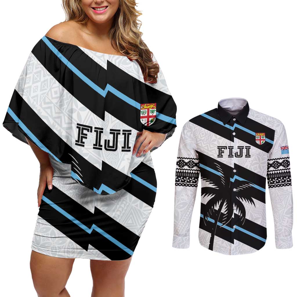 Custom Fiji 2024 Rugby Couples Matching Off Shoulder Short Dress and Long Sleeve Button Shirt Fijian Tapa Pattern LT01 White - Polynesian Pride