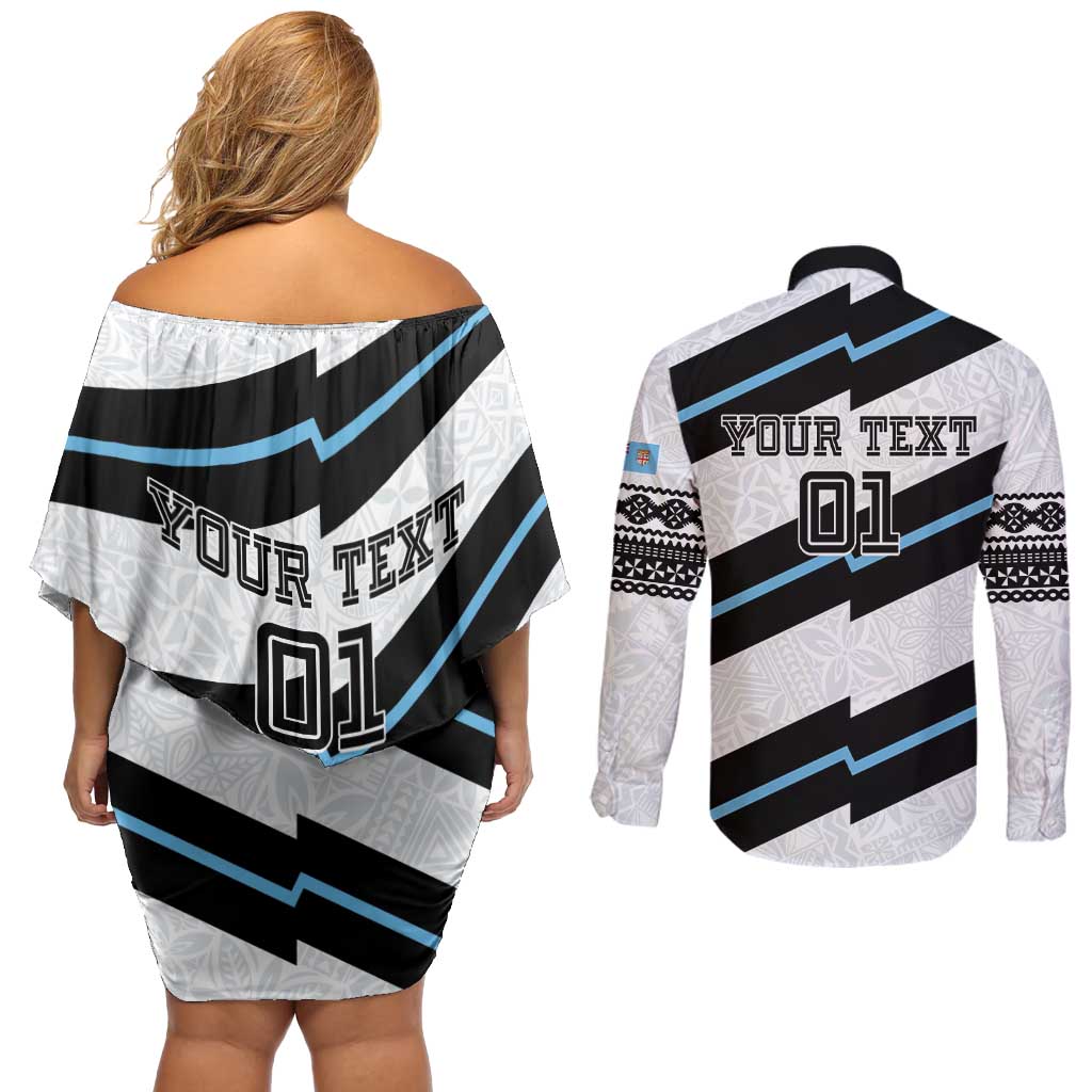 Custom Fiji 2024 Rugby Couples Matching Off Shoulder Short Dress and Long Sleeve Button Shirt Fijian Tapa Pattern LT01 - Polynesian Pride