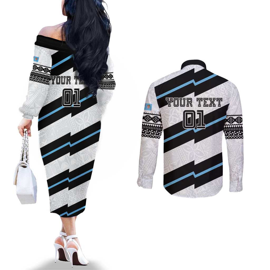 Custom Fiji 2024 Rugby Couples Matching Off The Shoulder Long Sleeve Dress and Long Sleeve Button Shirt Fijian Tapa Pattern LT01 - Polynesian Pride