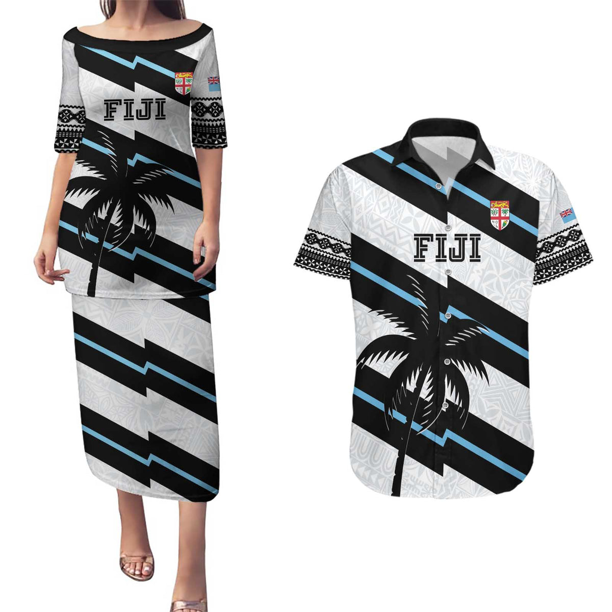 Custom Fiji 2024 Rugby Couples Matching Puletasi and Hawaiian Shirt Fijian Tapa Pattern LT01 White - Polynesian Pride