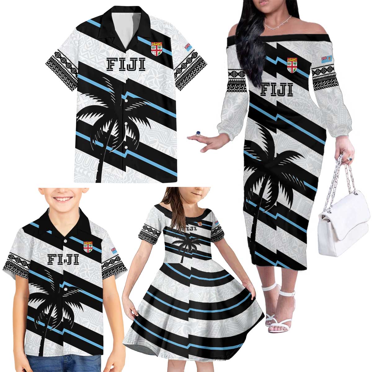 Custom Fiji 2024 Rugby Family Matching Off The Shoulder Long Sleeve Dress and Hawaiian Shirt Fijian Tapa Pattern LT01 - Polynesian Pride