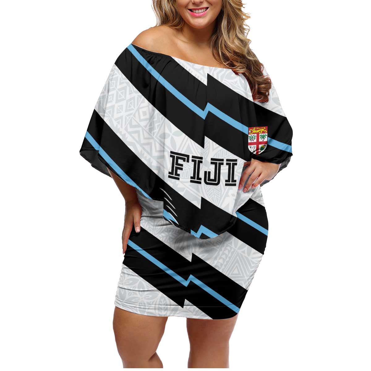 Custom Fiji 2024 Rugby Family Matching Off Shoulder Short Dress and Hawaiian Shirt Fijian Tapa Pattern LT01 Mom's Dress White - Polynesian Pride