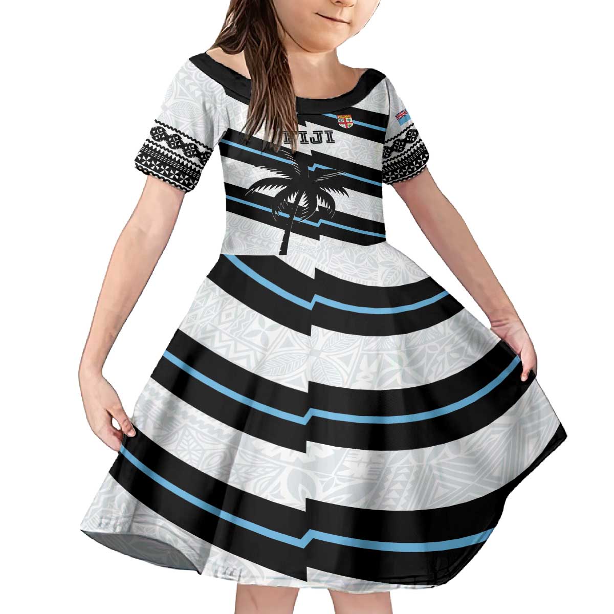 Custom Fiji 2024 Rugby Family Matching Puletasi and Hawaiian Shirt Fijian Tapa Pattern LT01 Daughter's Dress White - Polynesian Pride