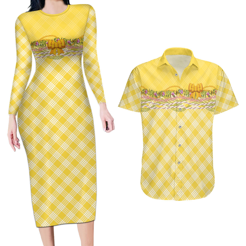 Hawaii Palaka Pikake Lokelani Plumeria Couples Matching Long Sleeve Bodycon Dress and Hawaiian Shirt Melemele Coquette Bow LT01 Yellow - Polynesian Pride