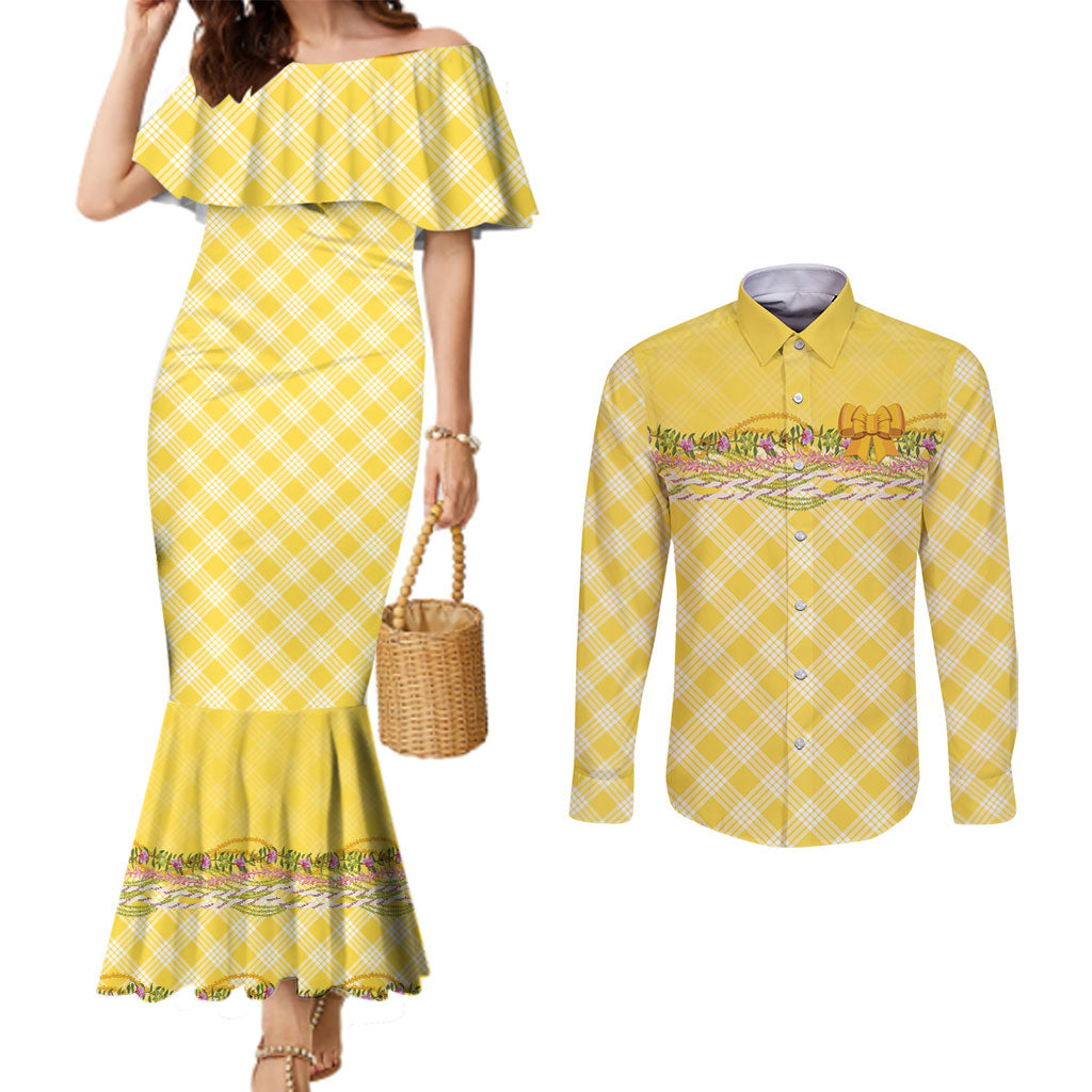 Hawaii Palaka Pikake Lokelani Plumeria Couples Matching Mermaid Dress and Long Sleeve Button Shirt Melemele Coquette Bow LT01 Yellow - Polynesian Pride