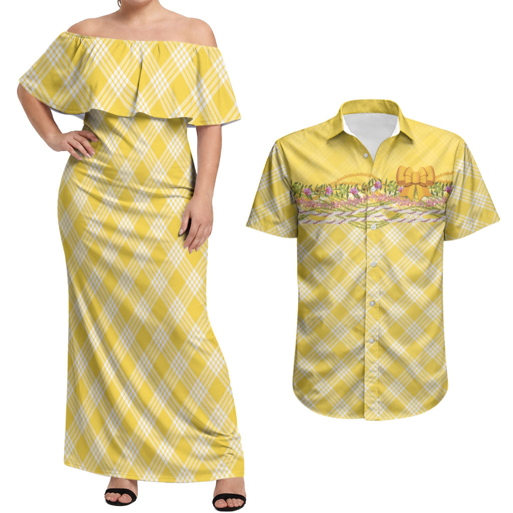 Hawaii Palaka Pikake Lokelani Plumeria Couples Matching Off Shoulder Maxi Dress and Hawaiian Shirt Melemele Coquette Bow LT01 Yellow - Polynesian Pride