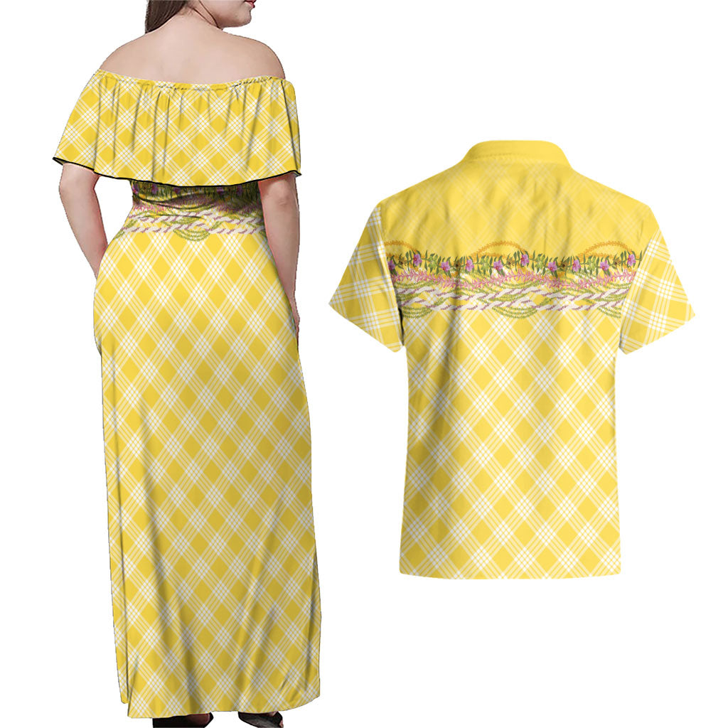 Hawaii Palaka Pikake Lokelani Plumeria Couples Matching Off Shoulder Maxi Dress and Hawaiian Shirt Melemele Coquette Bow LT01 - Polynesian Pride