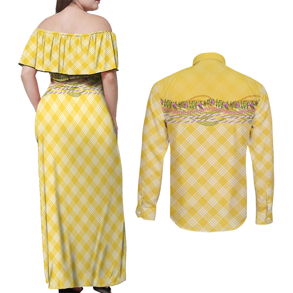 Hawaii Palaka Pikake Lokelani Plumeria Couples Matching Off Shoulder Maxi Dress and Long Sleeve Button Shirt Melemele Coquette Bow LT01 - Polynesian Pride