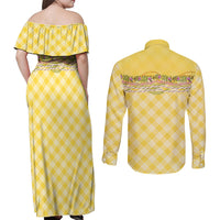 Hawaii Palaka Pikake Lokelani Plumeria Couples Matching Off Shoulder Maxi Dress and Long Sleeve Button Shirt Melemele Coquette Bow LT01 - Polynesian Pride
