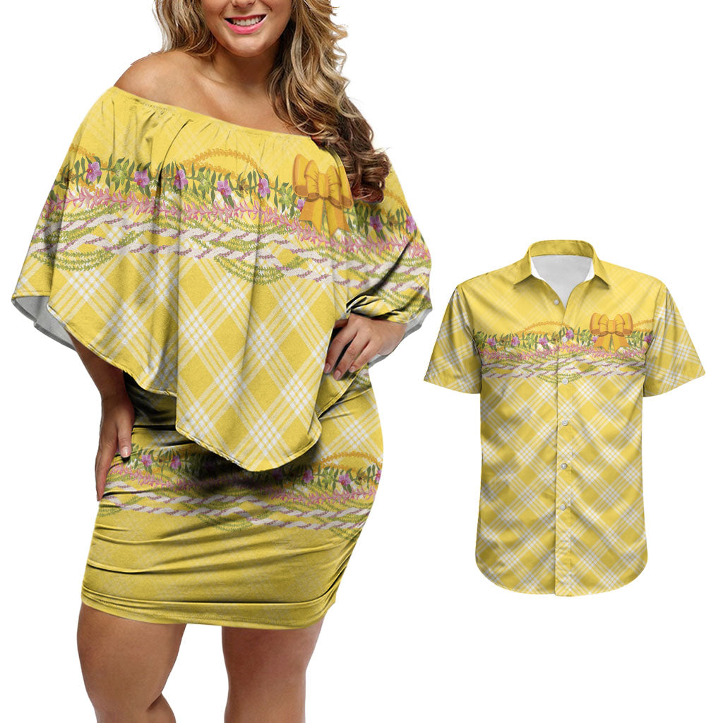 Hawaii Palaka Pikake Lokelani Plumeria Couples Matching Off Shoulder Short Dress and Hawaiian Shirt Melemele Coquette Bow LT01 Yellow - Polynesian Pride