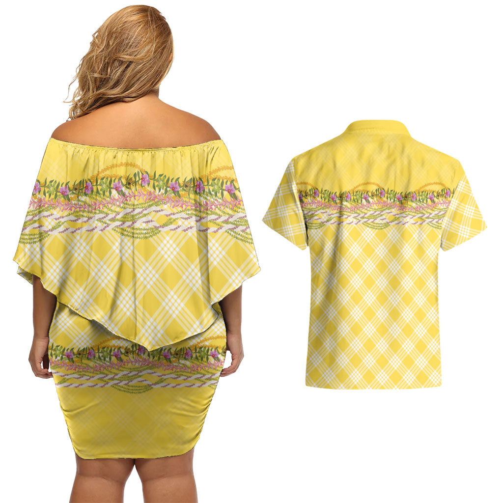 Hawaii Palaka Pikake Lokelani Plumeria Couples Matching Off Shoulder Short Dress and Hawaiian Shirt Melemele Coquette Bow LT01 - Polynesian Pride
