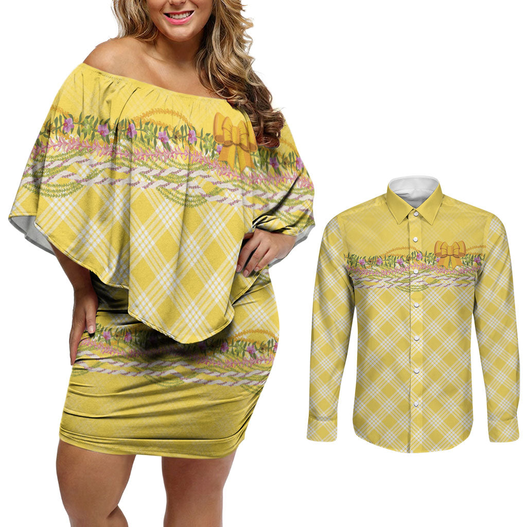 Hawaii Palaka Pikake Lokelani Plumeria Couples Matching Off Shoulder Short Dress and Long Sleeve Button Shirt Melemele Coquette Bow LT01 Yellow - Polynesian Pride