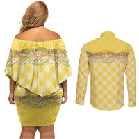 Hawaii Palaka Pikake Lokelani Plumeria Couples Matching Off Shoulder Short Dress and Long Sleeve Button Shirt Melemele Coquette Bow LT01 - Polynesian Pride