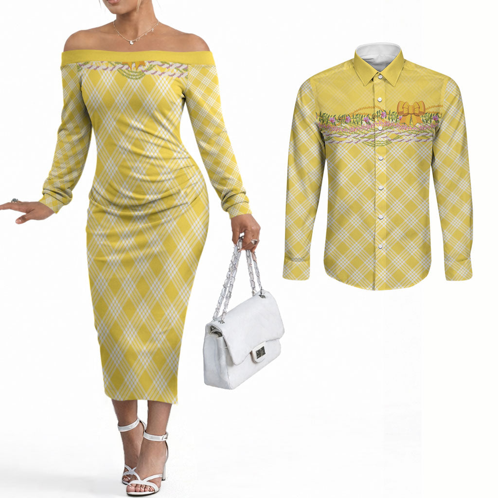 Hawaii Palaka Pikake Lokelani Plumeria Couples Matching Off The Shoulder Long Sleeve Dress and Long Sleeve Button Shirt Melemele Coquette Bow LT01 Yellow - Polynesian Pride