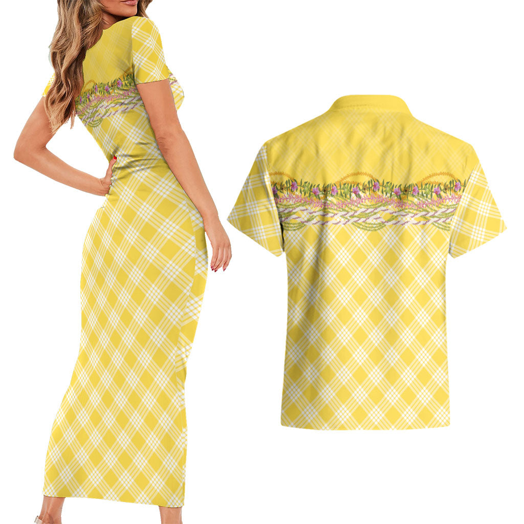 Hawaii Palaka Pikake Lokelani Plumeria Couples Matching Short Sleeve Bodycon Dress and Hawaiian Shirt Melemele Coquette Bow LT01 - Polynesian Pride