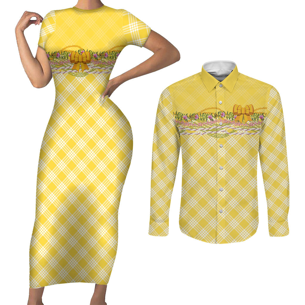 Hawaii Palaka Pikake Lokelani Plumeria Couples Matching Short Sleeve Bodycon Dress and Long Sleeve Button Shirt Melemele Coquette Bow LT01 Yellow - Polynesian Pride