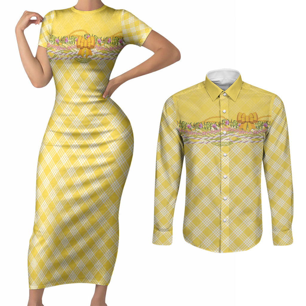 Hawaii Palaka Pikake Lokelani Plumeria Couples Matching Short Sleeve Bodycon Dress and Long Sleeve Button Shirt Melemele Coquette Bow LT01 Yellow - Polynesian Pride