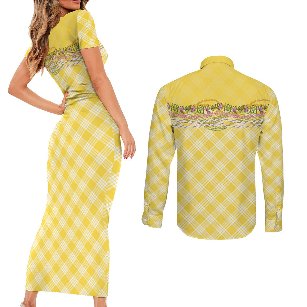 Hawaii Palaka Pikake Lokelani Plumeria Couples Matching Short Sleeve Bodycon Dress and Long Sleeve Button Shirt Melemele Coquette Bow LT01 - Polynesian Pride