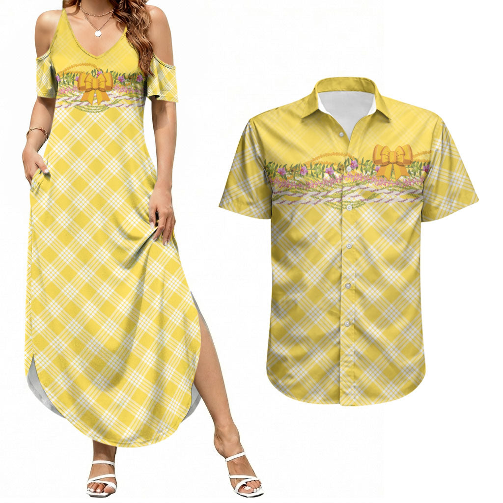 Hawaii Palaka Pikake Lokelani Plumeria Couples Matching Summer Maxi Dress and Hawaiian Shirt Melemele Coquette Bow LT01 Yellow - Polynesian Pride