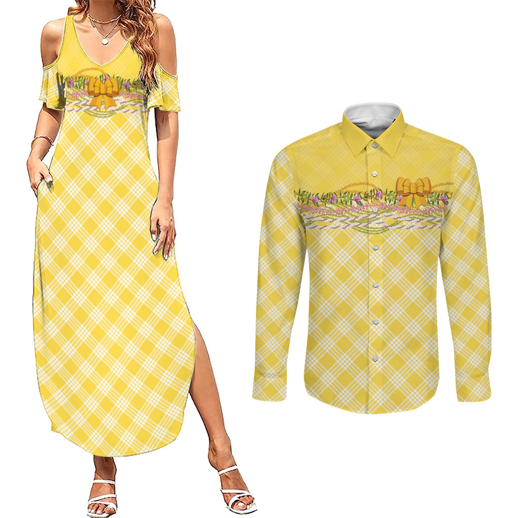 Hawaii Palaka Pikake Lokelani Plumeria Couples Matching Summer Maxi Dress and Long Sleeve Button Shirt Melemele Coquette Bow LT01 Yellow - Polynesian Pride