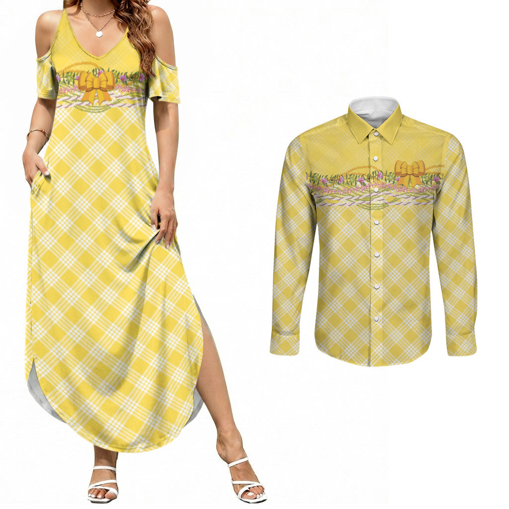 Hawaii Palaka Pikake Lokelani Plumeria Couples Matching Summer Maxi Dress and Long Sleeve Button Shirt Melemele Coquette Bow LT01 Yellow - Polynesian Pride