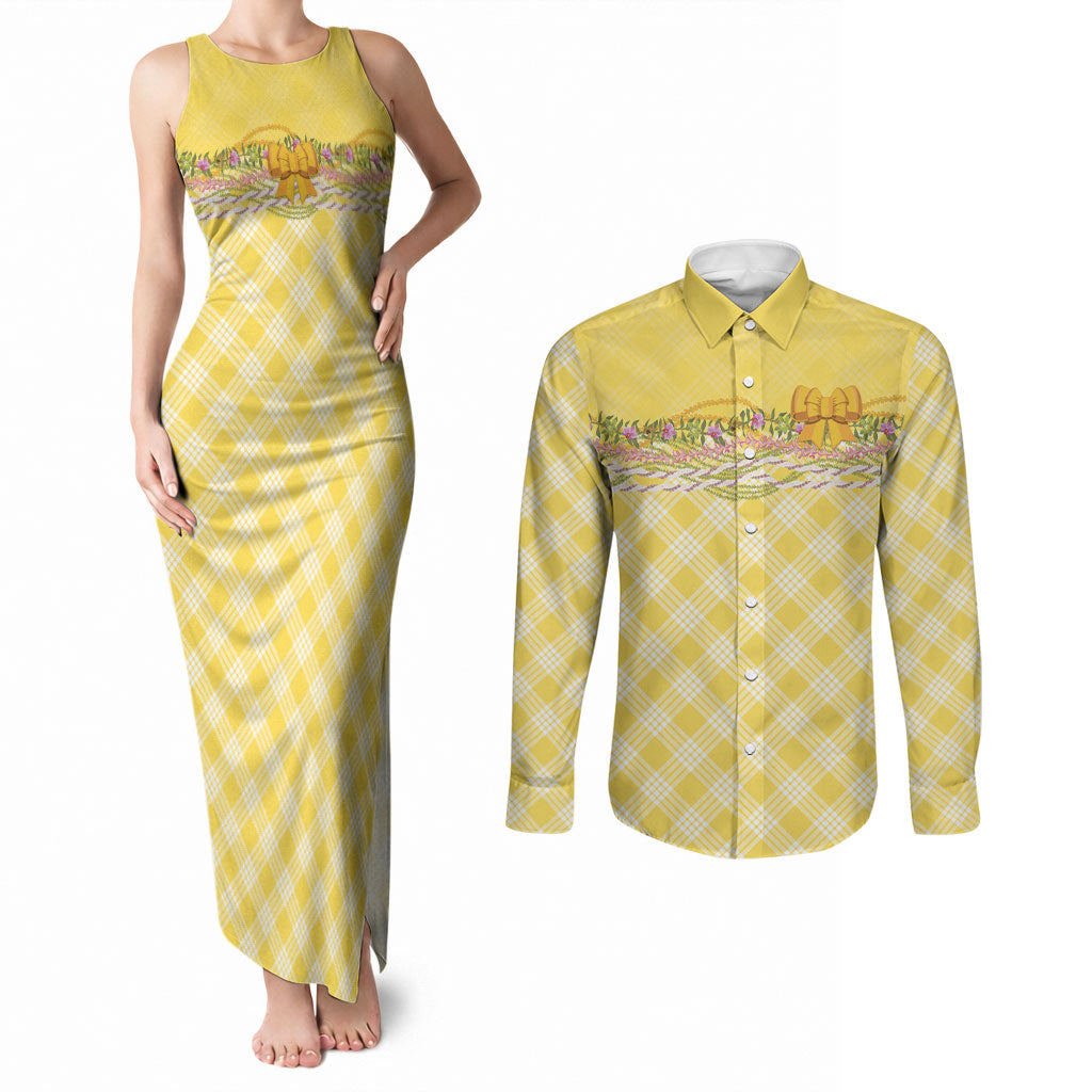 Hawaii Palaka Pikake Lokelani Plumeria Couples Matching Tank Maxi Dress and Long Sleeve Button Shirt Melemele Coquette Bow LT01 Yellow - Polynesian Pride