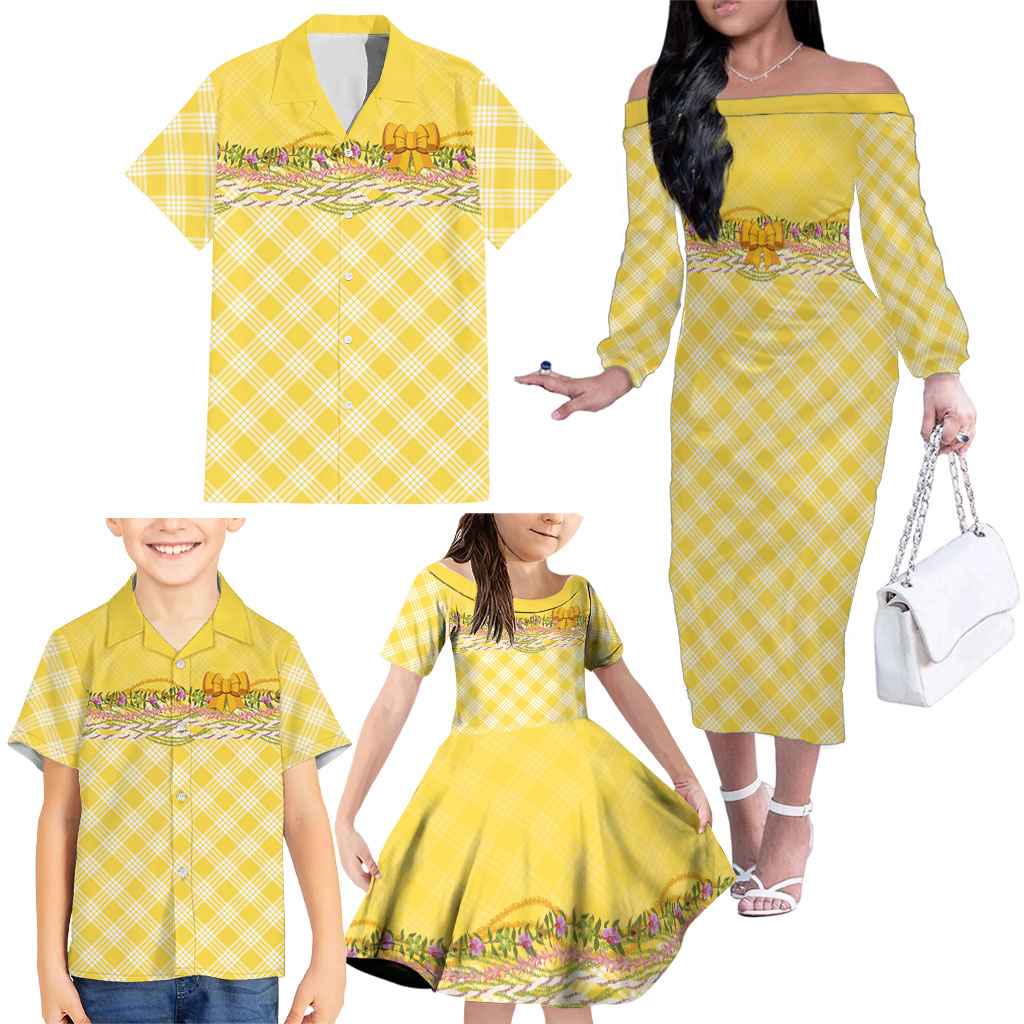 Hawaii Palaka Pikake Lokelani Plumeria Family Matching Off The Shoulder Long Sleeve Dress and Hawaiian Shirt Melemele Coquette Bow LT01 - Polynesian Pride