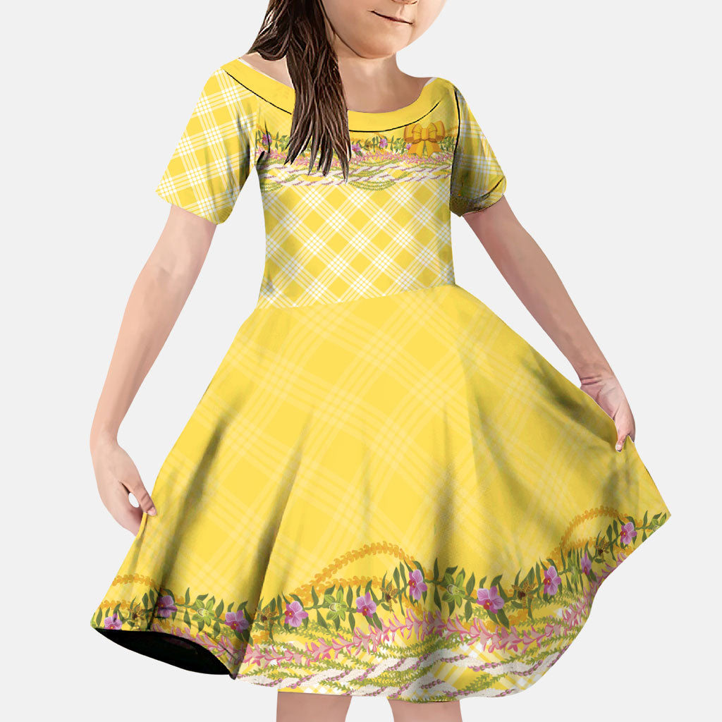 Hawaii Palaka Pikake Lokelani Plumeria Family Matching Off Shoulder Maxi Dress and Hawaiian Shirt Melemele Coquette Bow LT01 Daughter's Dress Yellow - Polynesian Pride