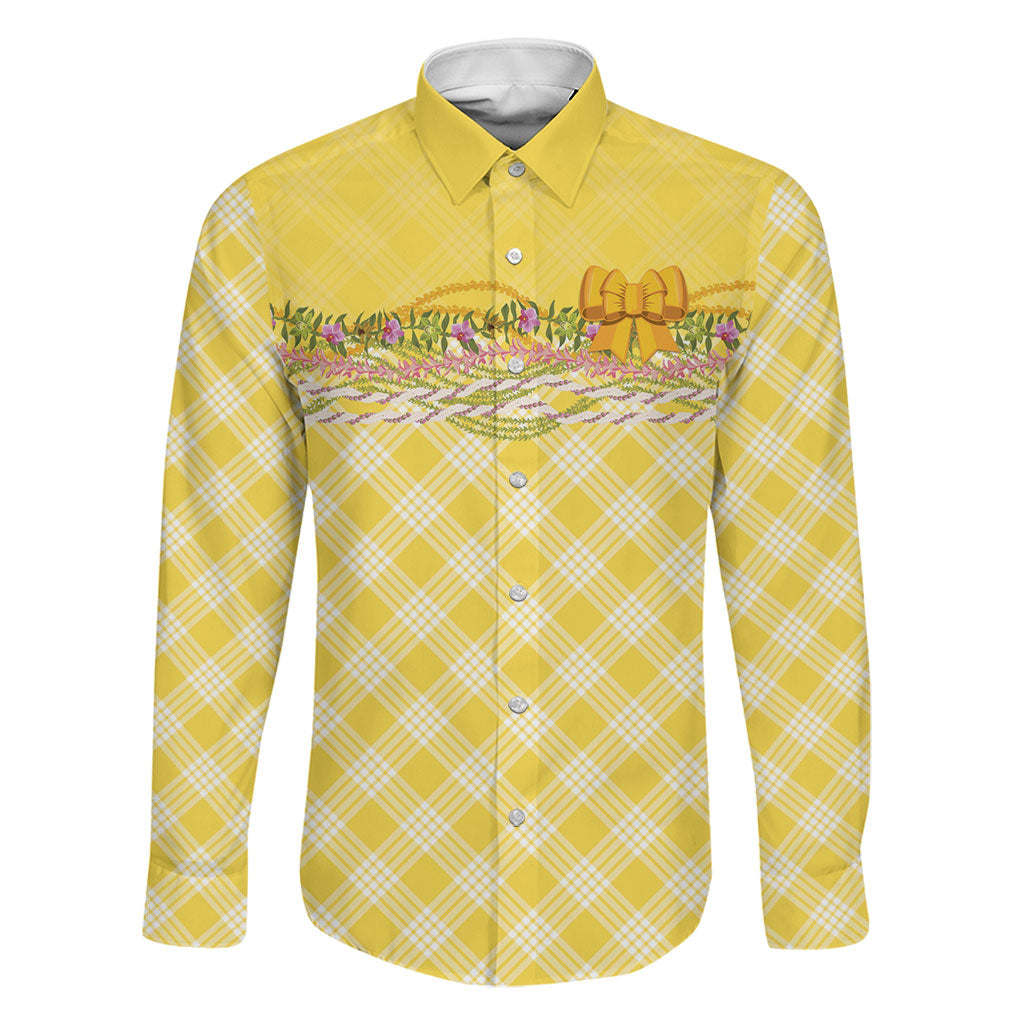 Hawaii Palaka Pikake Lokelani Plumeria Family Matching Puletasi and Hawaiian Shirt Melemele Coquette Bow LT01 Dad's Shirt - Long Sleeve Yellow - Polynesian Pride