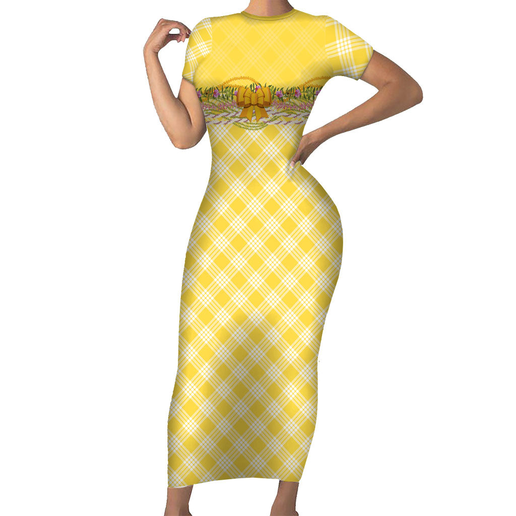 Hawaii Palaka Pikake Lokelani Plumeria Family Matching Short Sleeve Bodycon Dress and Hawaiian Shirt Melemele Coquette Bow LT01 Mom's Dress Yellow - Polynesian Pride