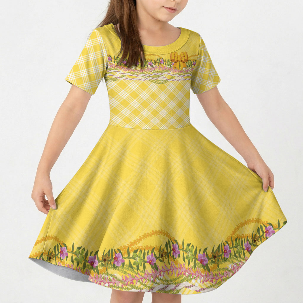 Hawaii Palaka Pikake Lokelani Plumeria Kid Short Sleeve Dress Melemele Coquette Bow LT01 KID Yellow - Polynesian Pride
