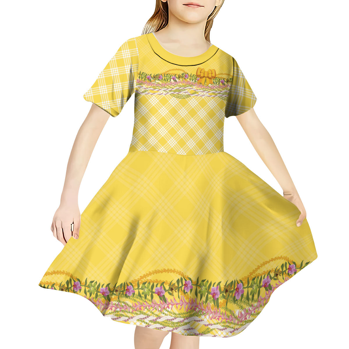Hawaii Palaka Pikake Lokelani Plumeria Kid Short Sleeve Dress Melemele Coquette Bow LT01 - Polynesian Pride