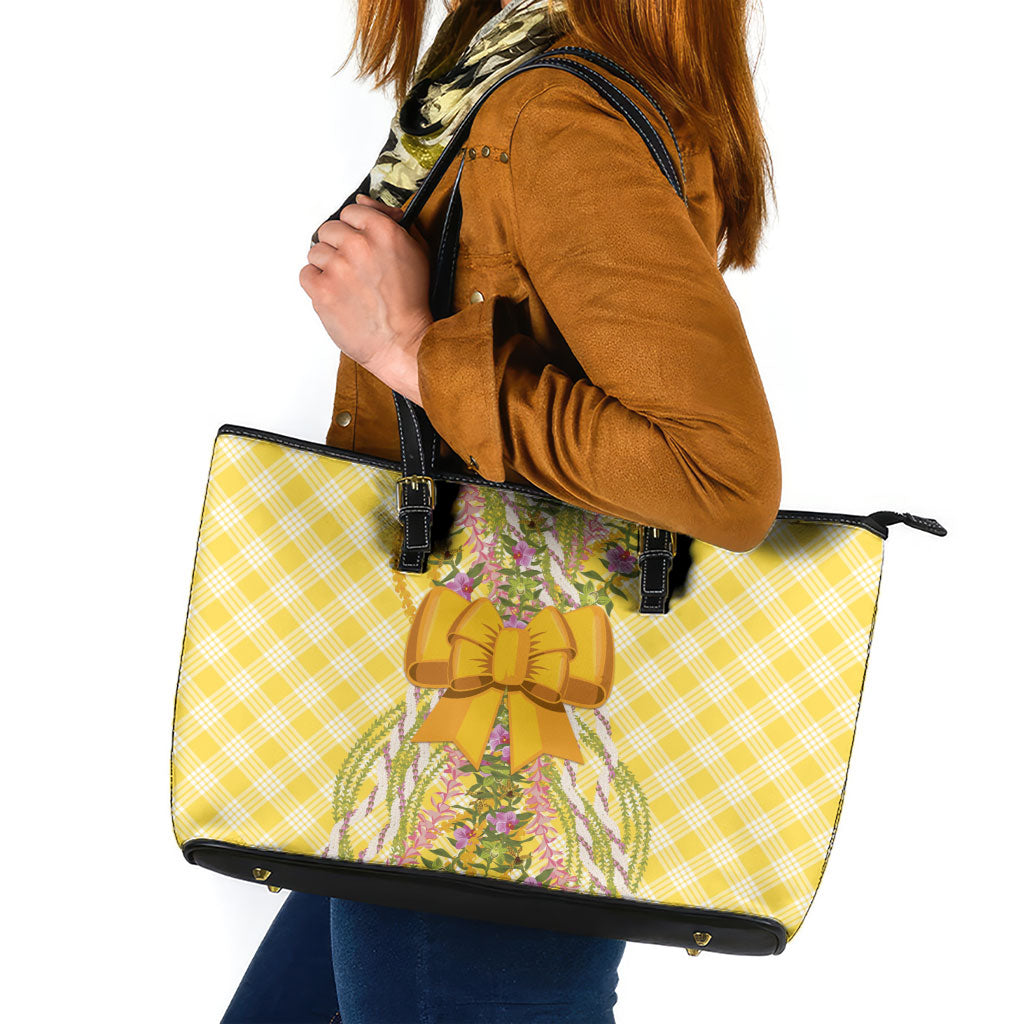 Hawaii Palaka Pikake Lokelani Plumeria Leather Tote Bag Melemele Coquette Bow LT01 Yellow - Polynesian Pride