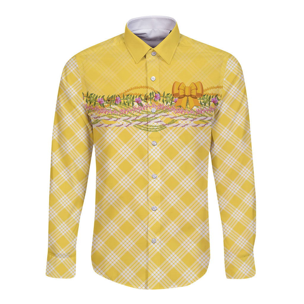 Hawaii Palaka Pikake Lokelani Plumeria Long Sleeve Button Shirt Melemele Coquette Bow LT01 Unisex Yellow - Polynesian Pride