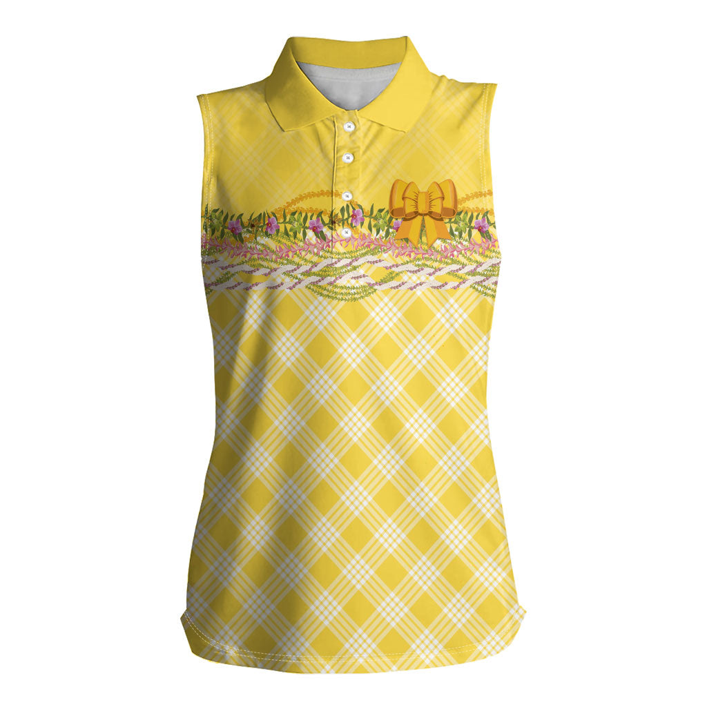 Hawaii Palaka Pikake Lokelani Plumeria Women Sleeveless Polo Shirt Melemele Coquette Bow LT01 Female Yellow - Polynesian Pride