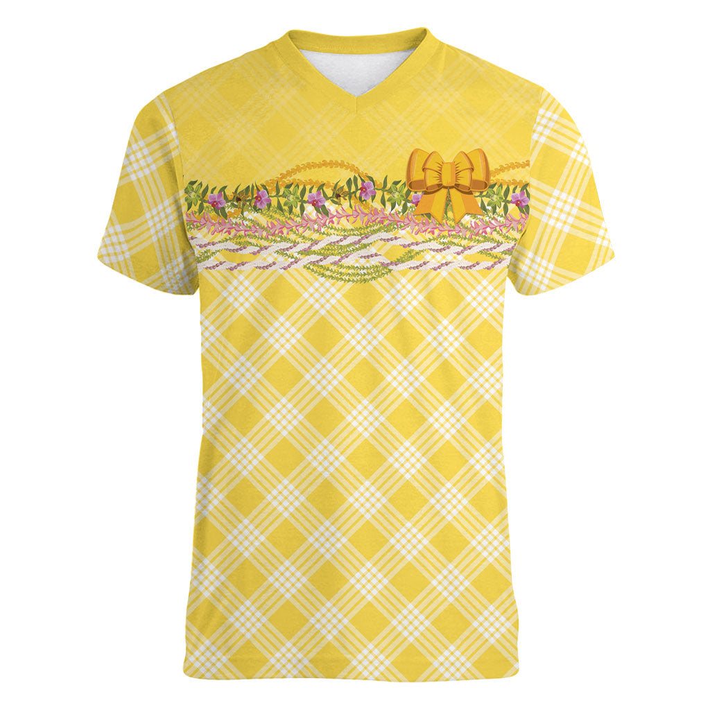 Hawaii Palaka Pikake Lokelani Plumeria Women V-Neck T-Shirt Melemele Coquette Bow LT01 Female Yellow - Polynesian Pride