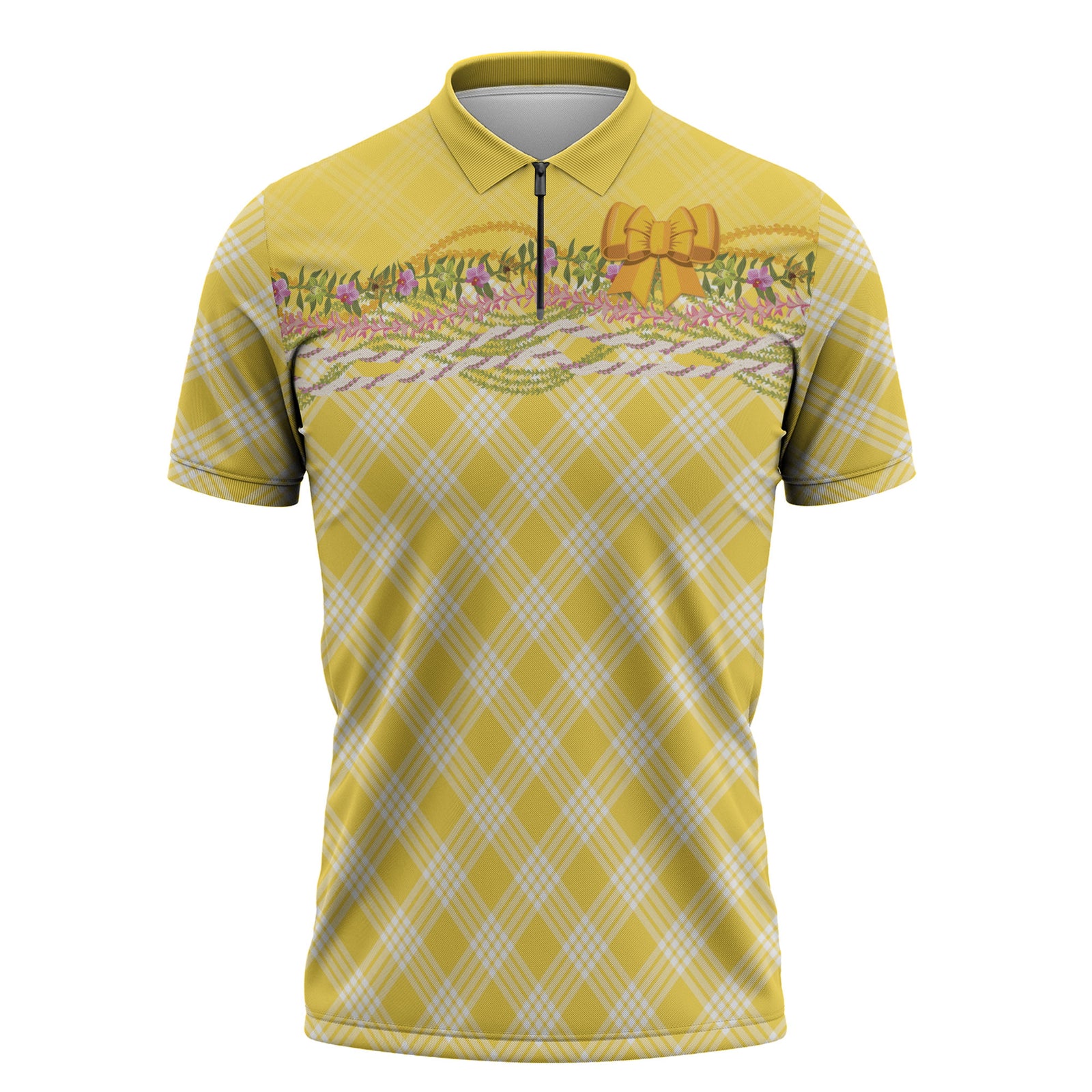 Hawaii Palaka Pikake Lokelani Plumeria Zipper Polo Shirt Melemele Coquette Bow LT01 Yellow - Polynesian Pride