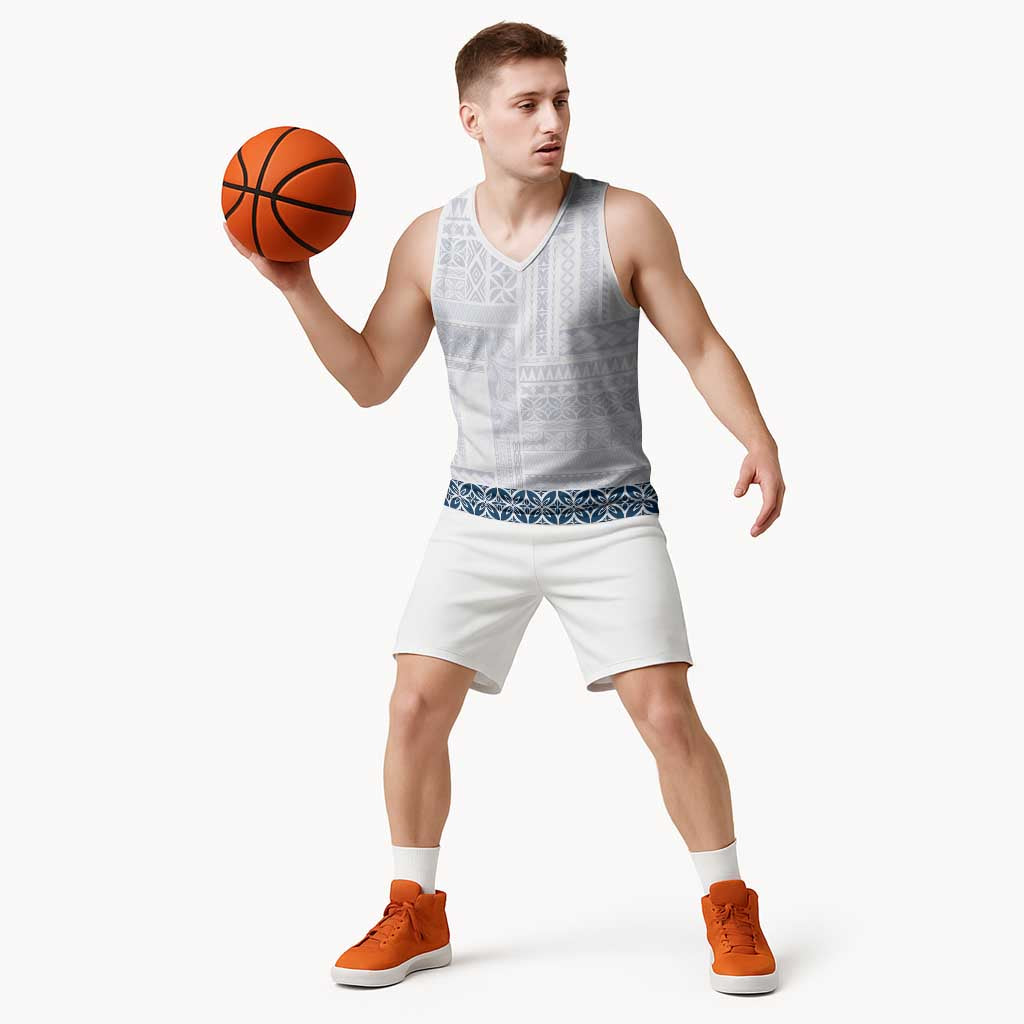 Samoa Siapo Blue Trimmed Basketball Jersey Samoa White Sunday - Polynesian Pride