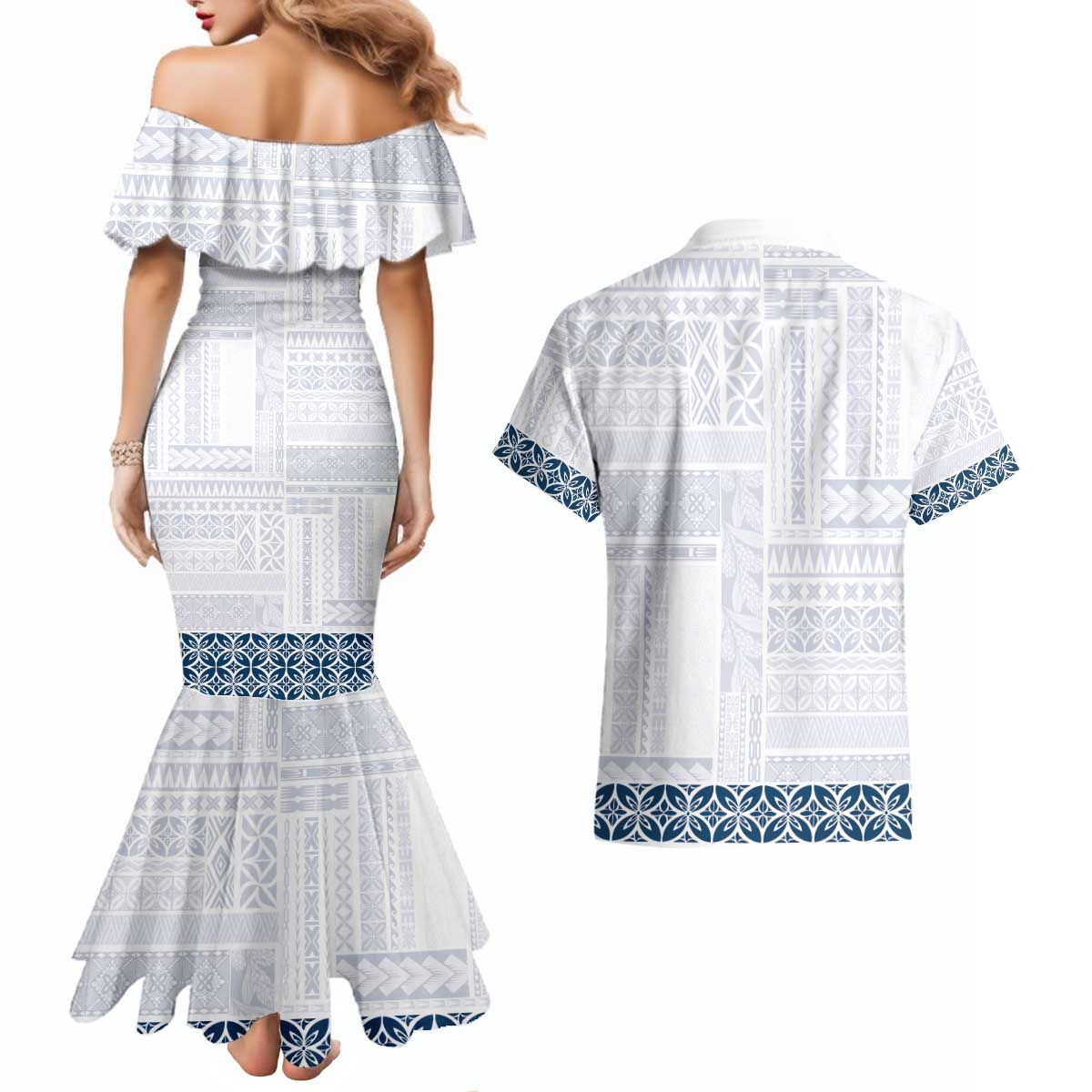 Samoa Siapo Blue Trimmed Couples Matching Mermaid Dress and Hawaiian Shirt Samoa White Sunday - Polynesian Pride