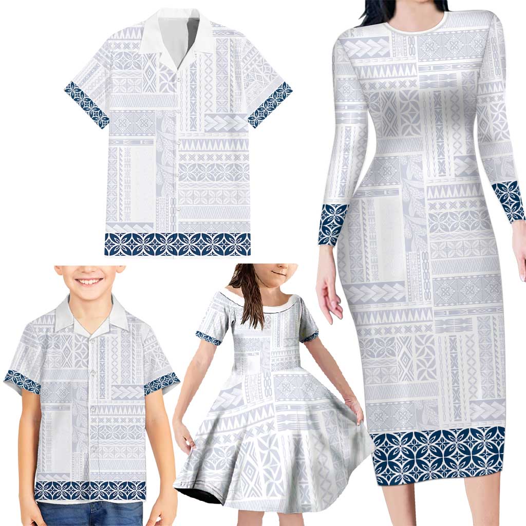 Samoa Siapo Blue Trimmed Family Matching Long Sleeve Bodycon Dress and Hawaiian Shirt Samoa White Sunday LT01 - Polynesian Pride