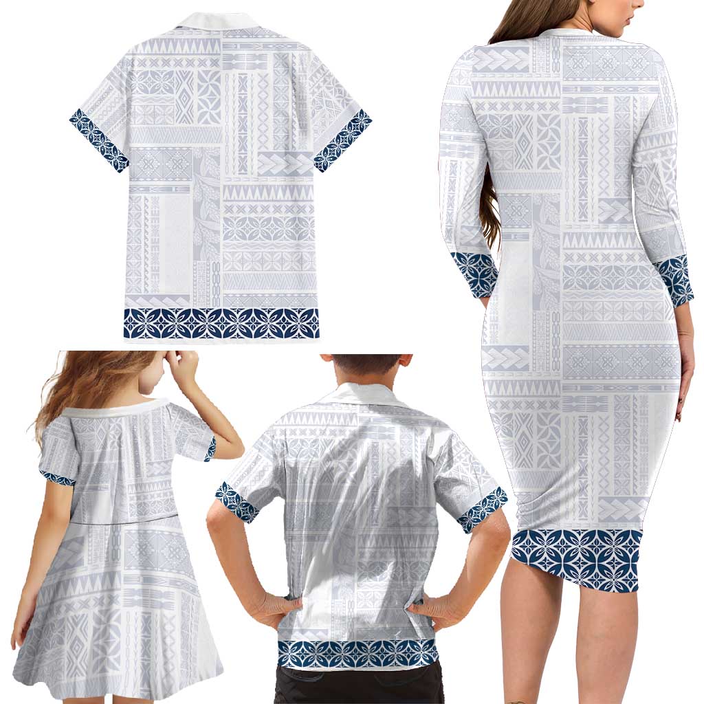 Samoa Siapo Blue Trimmed Family Matching Long Sleeve Bodycon Dress and Hawaiian Shirt Samoa White Sunday LT01 - Polynesian Pride