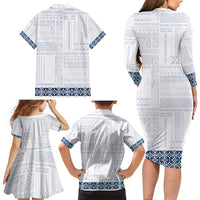 Samoa Siapo Blue Trimmed Family Matching Long Sleeve Bodycon Dress and Hawaiian Shirt Samoa White Sunday LT01 - Polynesian Pride