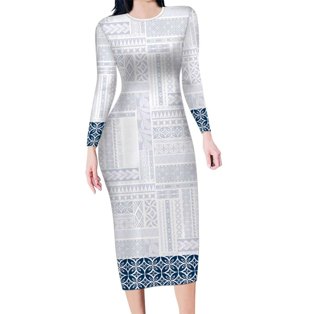 Samoa Siapo Blue Trimmed Family Matching Long Sleeve Bodycon Dress and Hawaiian Shirt Samoa White Sunday LT01 Mom's Dress Blue - Polynesian Pride